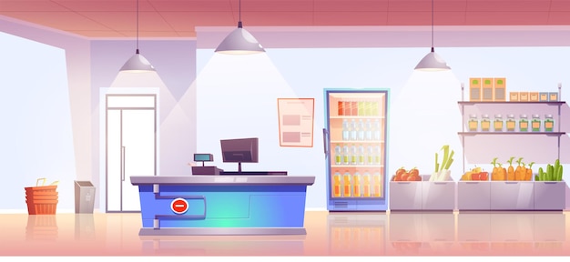 Free vector grocery store with cashier desk and production on shelves and cold drinks in refrigerator