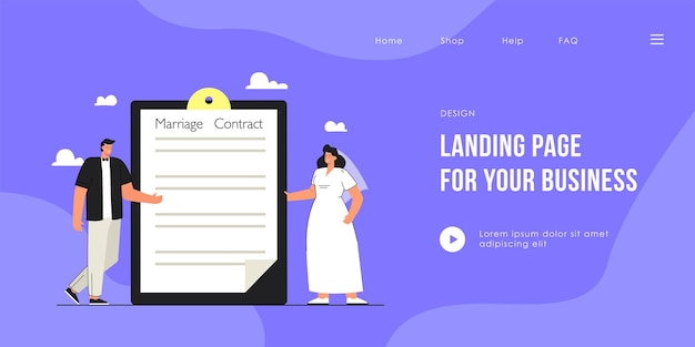 無料ベクター 結婚契約のランディングページテンプレートでフォルダの横に立っている新郎と新婦