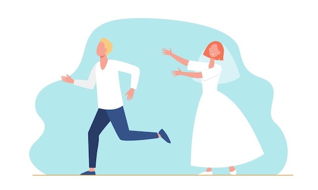 Groom man running from bride woman in wedding dress