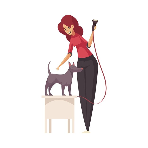 Уход за плоской композицией с характером женщины с электробритвой и собакой на векторной иллюстрации стола