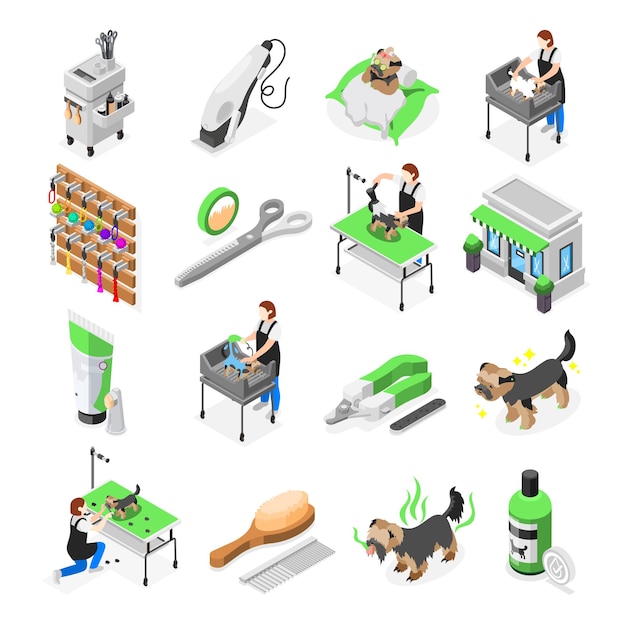 Grooming salon isometric set of isolated icons with tools for washing trimming taking care of pets vector illustration