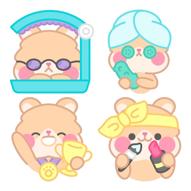 Free vector grooming stickers collection with kimchi the hamster