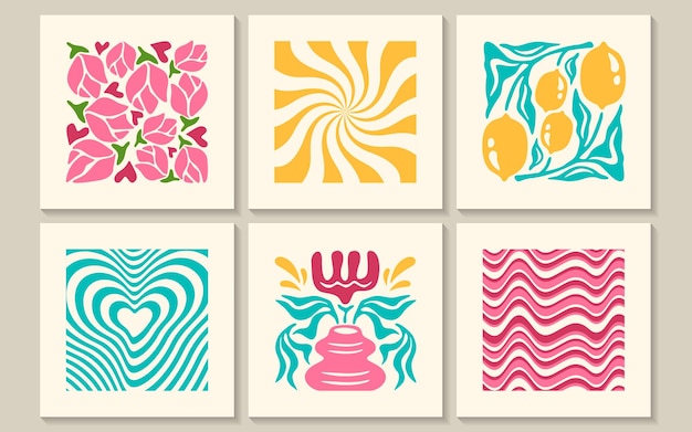 Free vector groovy abstract posters set with lemon fruit flowers waves swirl and twirl pattern in matisse style