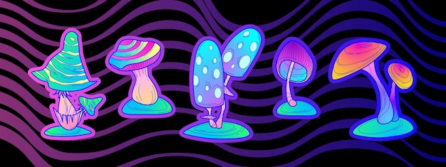 Free vector groovy mushroom stickers set isolated on black