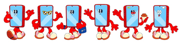 Free Vector groovy smartphone characters set isolated on white