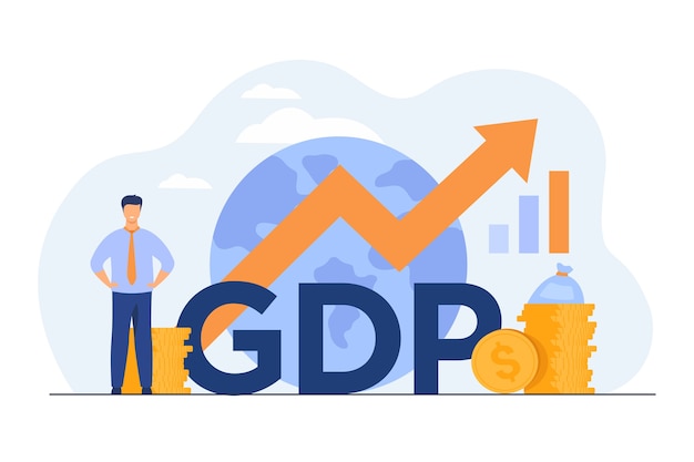 Free vector gross domestic product concept. growth arrow chart with globe, stacks of money, happy tiny professional.