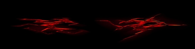 Vettore gratuito fessura del suolo con effetto lava magma incandescente vulcanico nei fori del pavimento con fratture insieme di illustrazioni vettoriali realistiche della superficie della terra rotta con liquido rosso fuso che brucia concetto di distruzione della terra