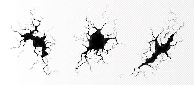 Free vector ground cracks top view, earthquake cracking holes, ruined land surface crushed texture. destruction, split, damage fissure effect after disaster isolated on transparent background. realistic 3d vector