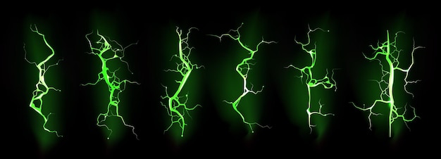 Free vector ground cracks with neon green light top view vector realistic set of lightning thunderbolt electric impacts isolated on black background cracks of land destruction with magic glow