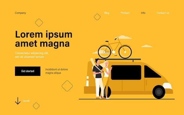 Group of active tourists gathering at vehicle landing page in flat style