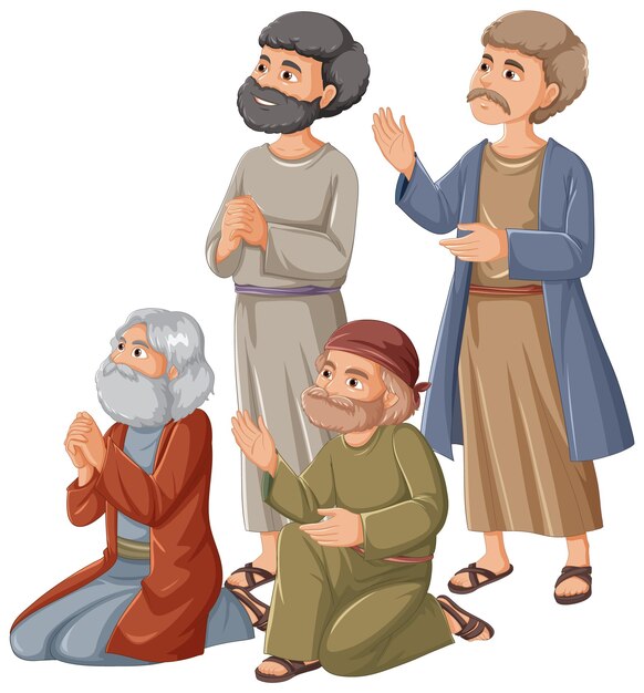 祈りと希望を持つ古代の老人の漫画のキャラクターのグループ