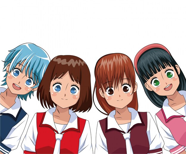かわいいアニメキャラクターのセット 漫画の女の子と男の子 カラフルな手描きイラスト集 プレミアムベクター