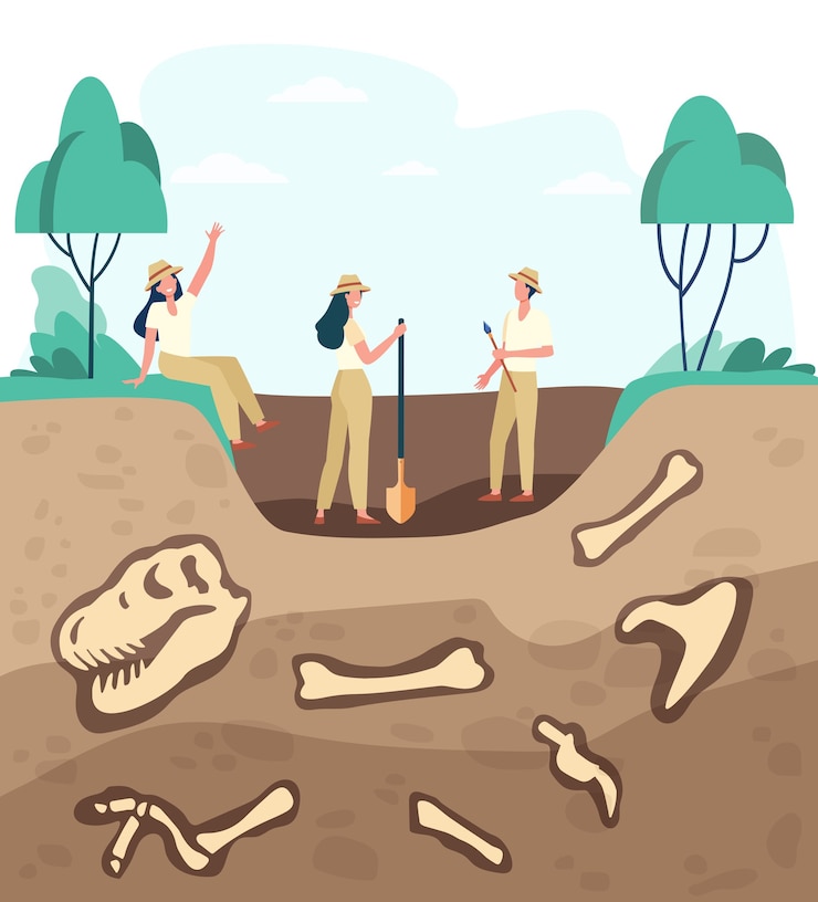 Free Vector group of archeologists discovering fossils, digging ground with dinosaur bones. vector illustration for archeology, paleontology, science, expedition concept