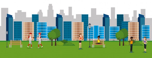 Group of athletes practicing sports on the park