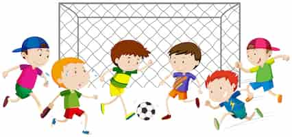 Free vector group of boys playing soccer