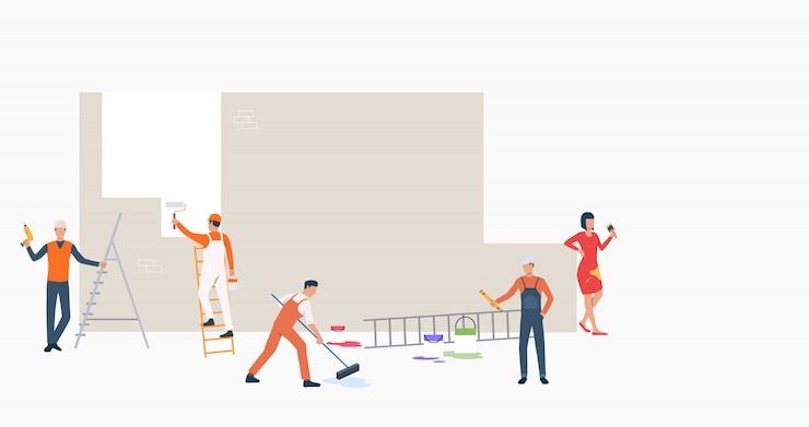 Free Vector group of builders with tools painting wall banner