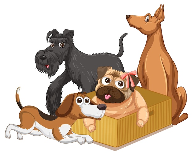 Un gruppo di cani domestici dei cartoni animati