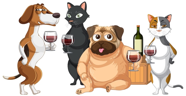 Группа кошек и собак, пьющих вино