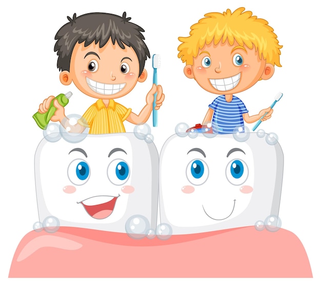 Free vector group of children cleaning teeth