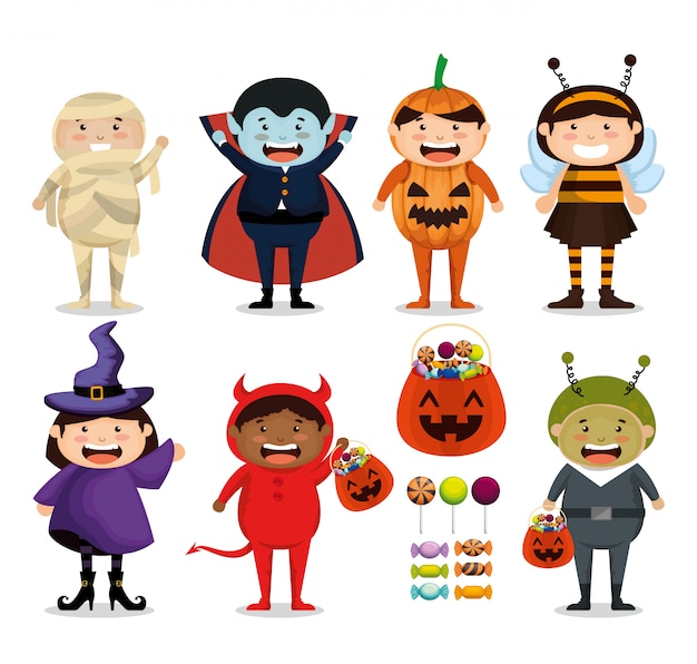 Vettore gratuito gruppo di bambini vestiti in halloween