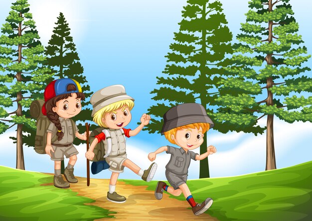 Group of children hiking in the park