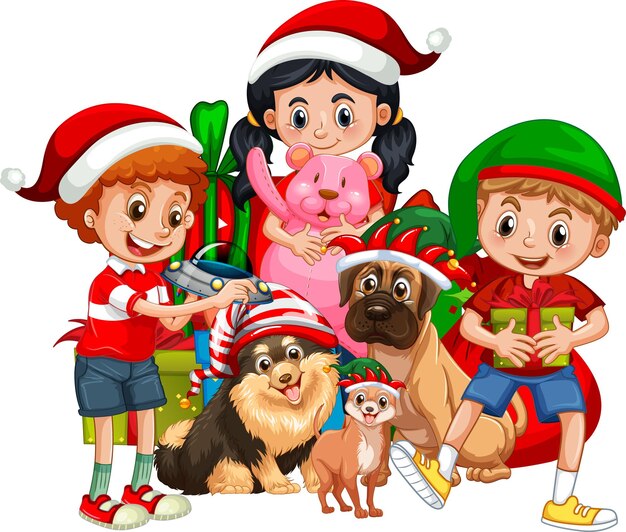 彼らの犬と子供たちのグループは、白い背景の上のクリスマスの衣装の漫画のキャラクターを着ています