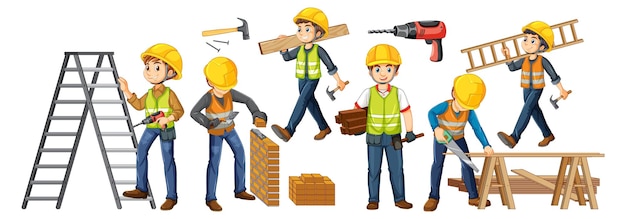 Free vector group of construction workers cartoon characters