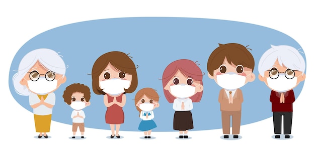 Gruppo di simpatici personaggi dei cartoni animati della famiglia dei giovani e degli anziani