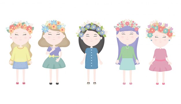 Group of cute girls with floral crown in the hair characters