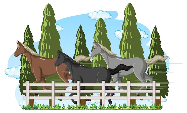 Free vector group of different colours horses cartoon