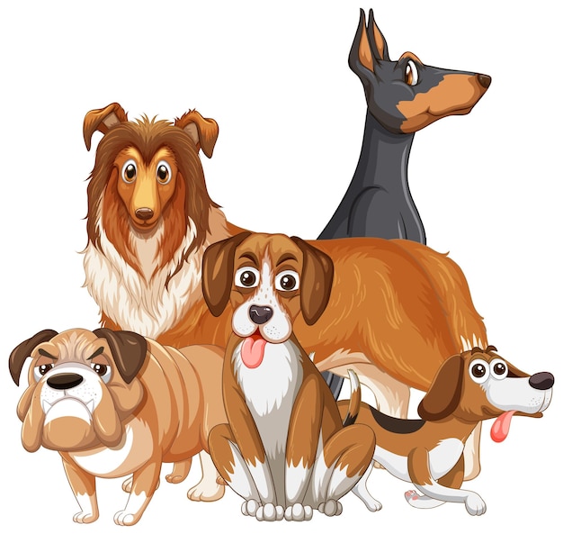 Free vector a group of different dog on white background