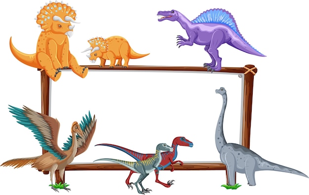 Группа динозавров вокруг доски на белом фоне