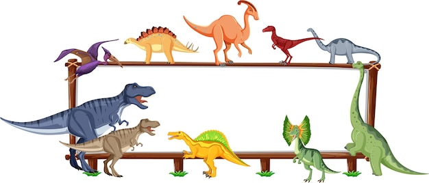 Vettore gratuito gruppo di dinosauri intorno a bordo su sfondo bianco