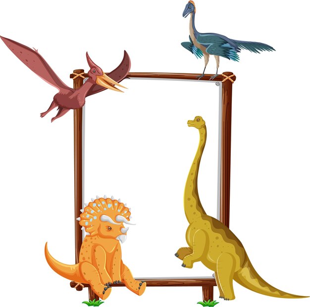 Группа динозавров вокруг доски на белом фоне