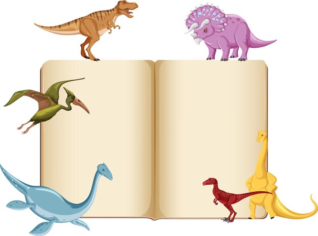 Group of dinosaurs around book on white background