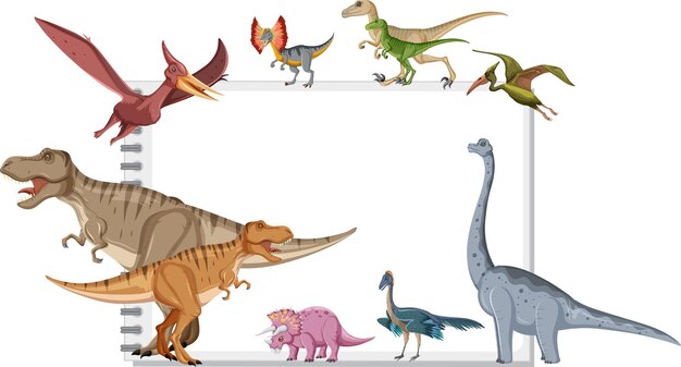 Group of dinosaurs around note on white background