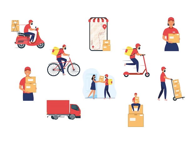 Group of eight delivery workers team characters illustration design