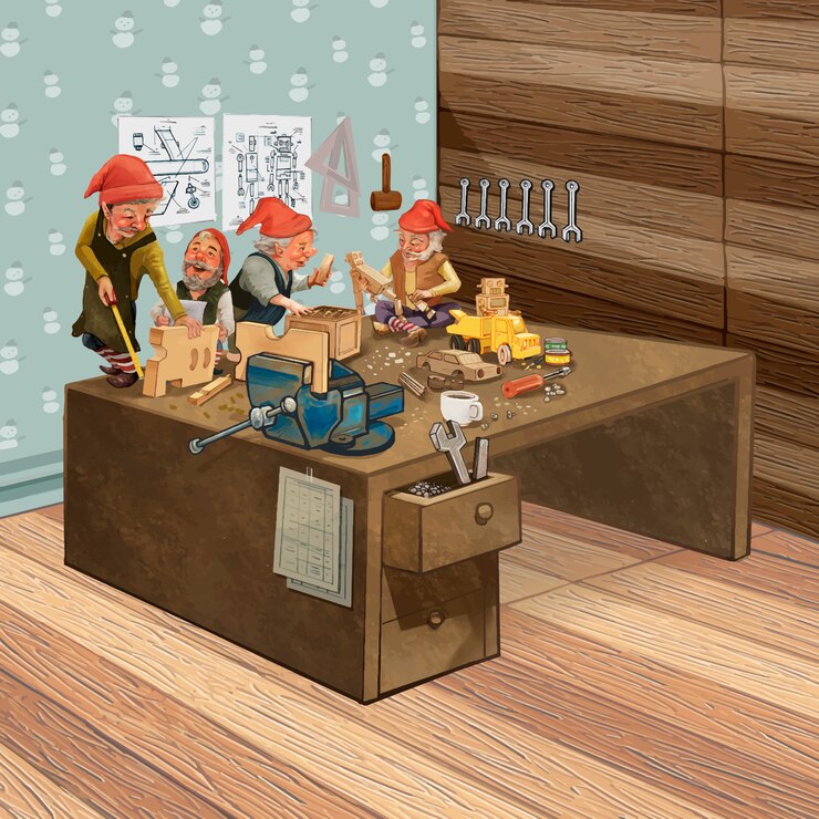 Free Vector group of elves working in a santa s workshop