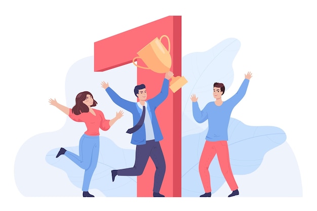 Free vector group of employees with award or trophy in front of number one. cartoon business people as competition winners with cup for first place flat vector illustration. success, challenge, victory concept