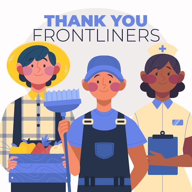 Group of essential workers illustrated with thank you message