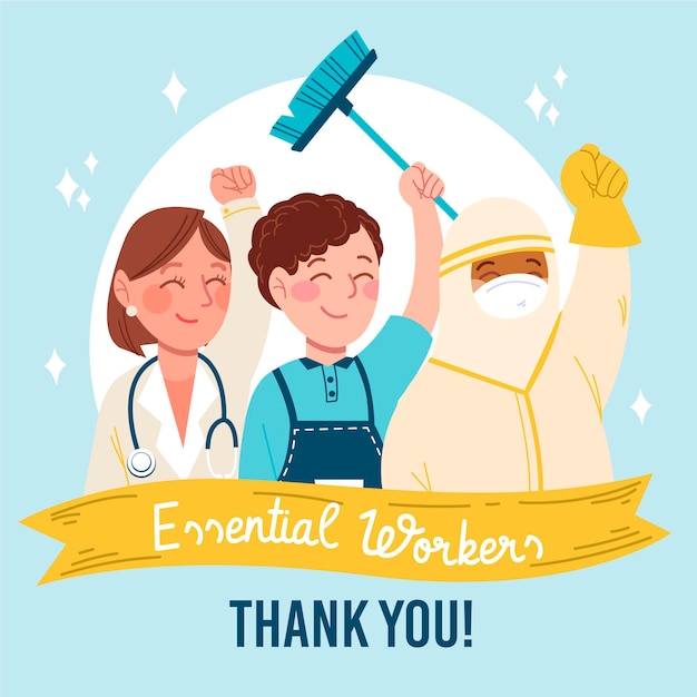 Free vector group of essential workers illustrated with thank you message