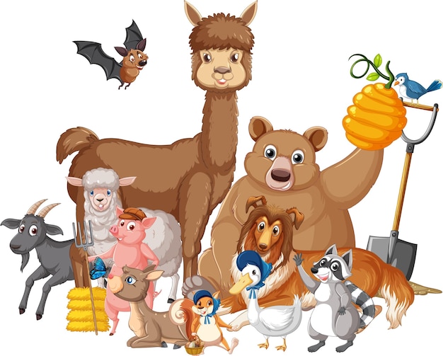 Free vector group of farm animals on white background