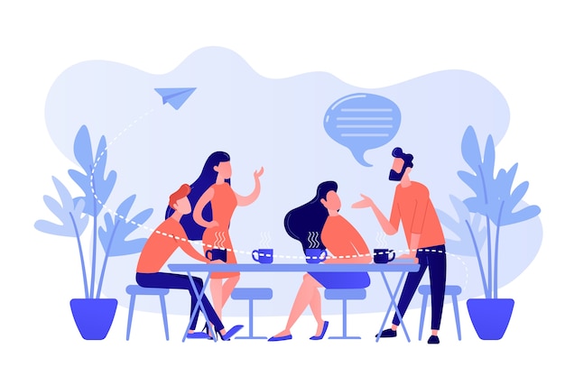 Free vector group of friends sitting at the table talking, drinking coffee and tea, tiny people. friends meeting, cheer up friend, friendship support concept. pinkish coral bluevector isolated illustration