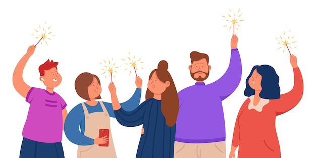 Group of happy friends standing with sparklers in hands. office team celebrating success together flat vector illustration