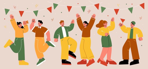 幸せな人々のグループは、パーティーで楽しんで踊ります。友達のベクトルフラットイラストは一緒に誕生日や休日を祝います。紙吹雪、花輪、メガホン、旗を持つ男性と女性