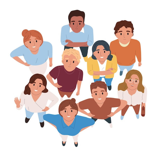 Group of happy smiling people looking up top view on white background flat vector illustration