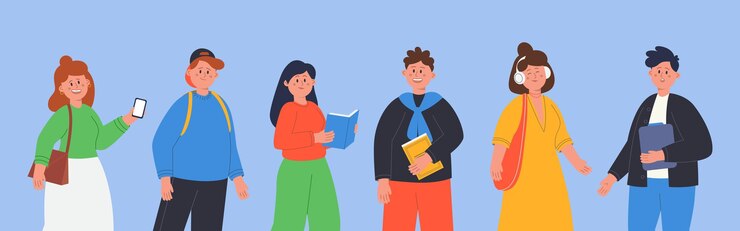 Бесплатный Вектор группа счастливых студентов плоских векторных иллюстраций. подростки слушают музыку, читают книги, пользуются мобильными телефонами. девочки и мальчики готовятся к школе или университету. молодежь, учебная концепция