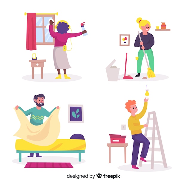 Free vector group of illustrated people doing housework