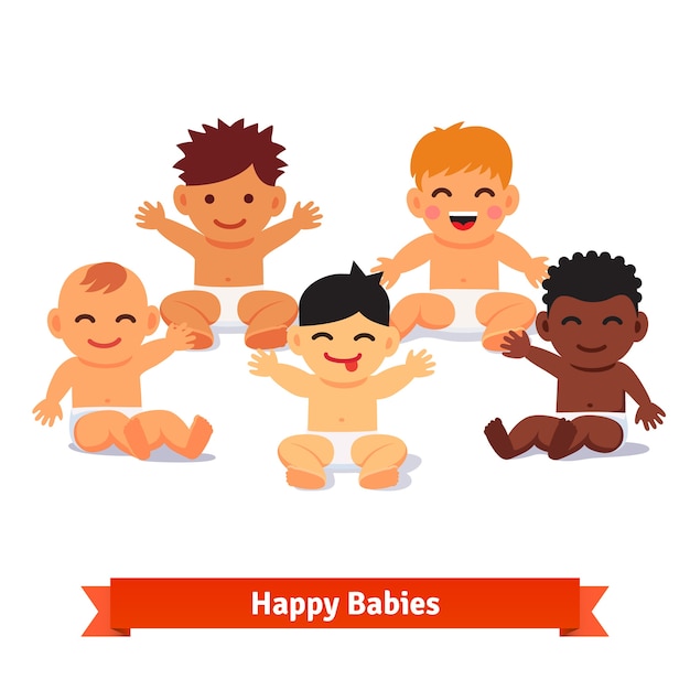 Group of infants. Five mixed race baby boy