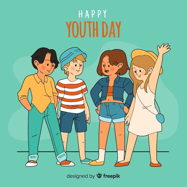 Free vector group of kids on hand drawn style celebrating youth day on light green background